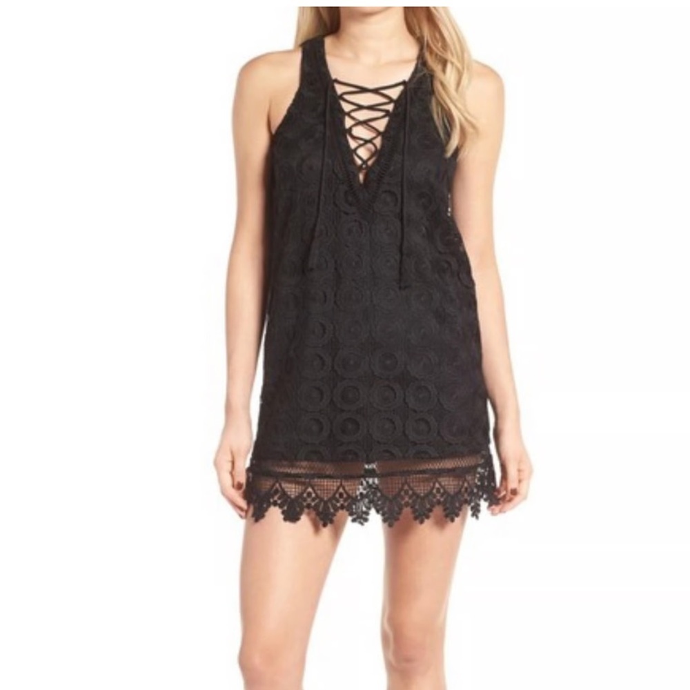 Revolve Lovers + Friends Black Lace-Up Crochet Mini Dress